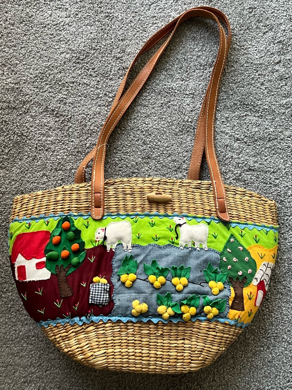 Handcrafted Straw Tote Bag with Colorful Embroidered Farm Scene